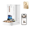 PetKit pet feeder with a smartphone displaying app interface on a white background, featuring a 2-year warranty badge.