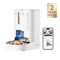 PetKit pet feeder with a smartphone displaying app interface on a white background, featuring a 2-year warranty badge.